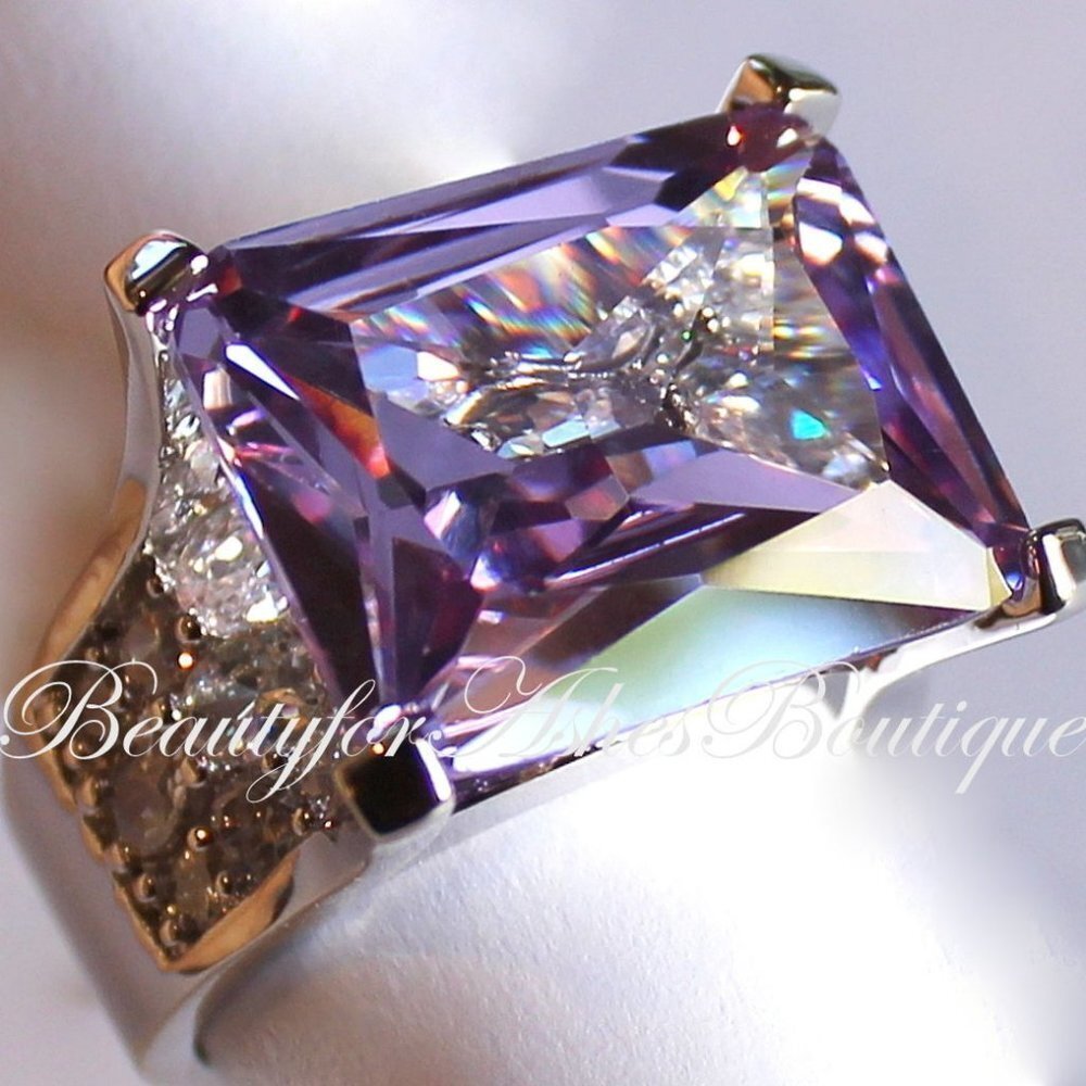 Light Purple Amethyst Lavender Cz Chunky Cocktail Rectangle Modern Ring